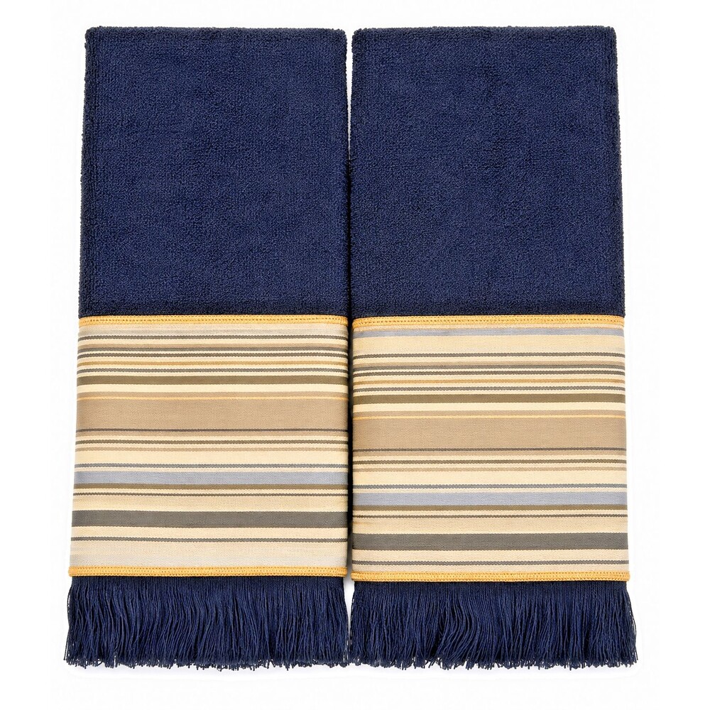 Avanti Fingertip Towels Satin Striped Embroidered Set of 2 Navy for Bathroom